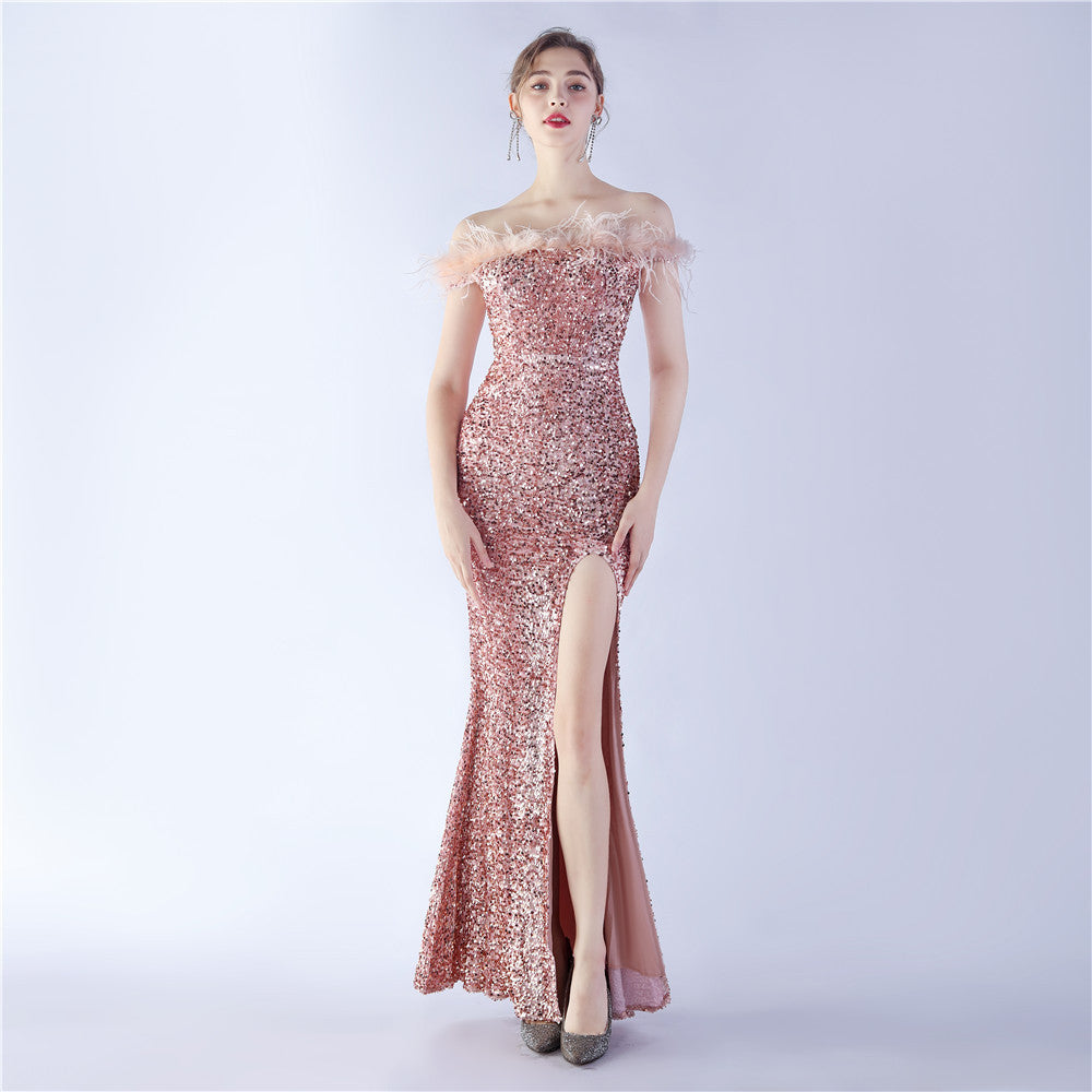 Velvet Bottom Sequin Craft Order Ostrich Hair off-Shoulder High End Evening Dress