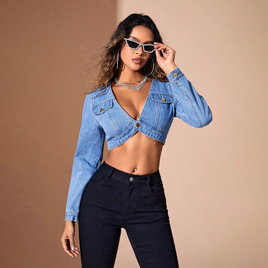 Women Clothing Fashionable Fitted Long Sleeve Short Denim Shirt