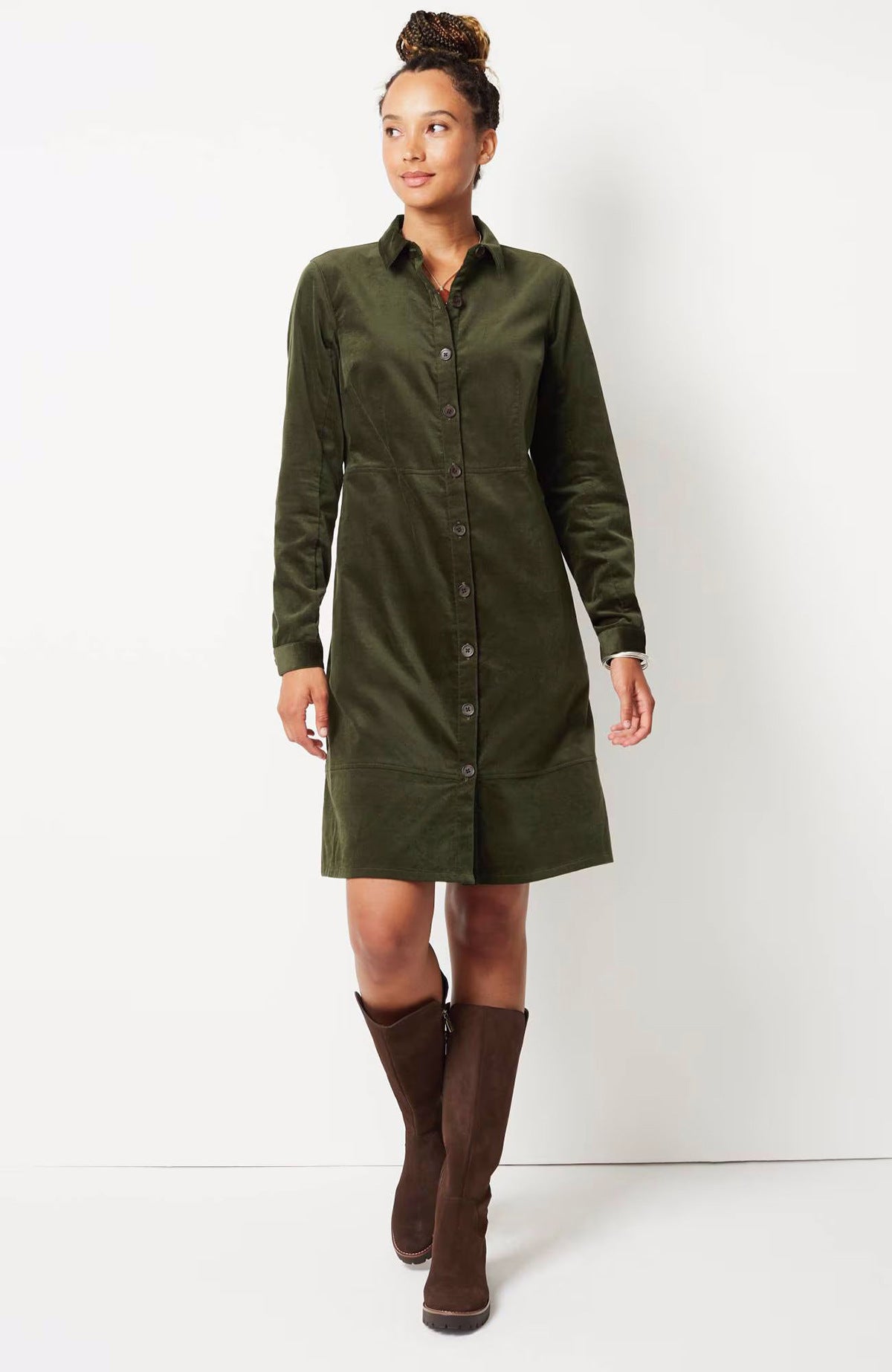 Elegant Velvet Women Windbreaker Button Loose Intellectual Long Sleeve Shirt Dress Army Green