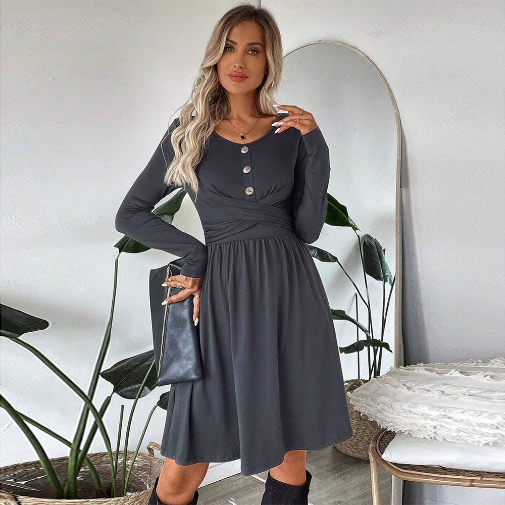 Women Clothing All Match Office Dress Autumn Winter Simplicity Design High Waist Mid Dress Gray