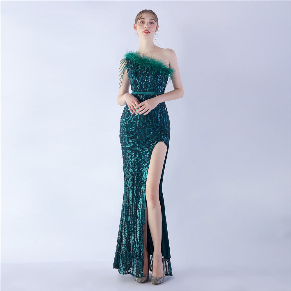 Craft Beaded Ostrich Hair Diagonal Collar One Shoulder High End Evening Dress Green