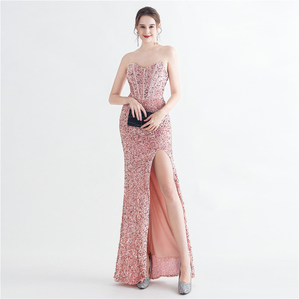 Colorful Sequin Lash Rope Chest Side Slit Tube Top Boning Corset Evening Dress Pink