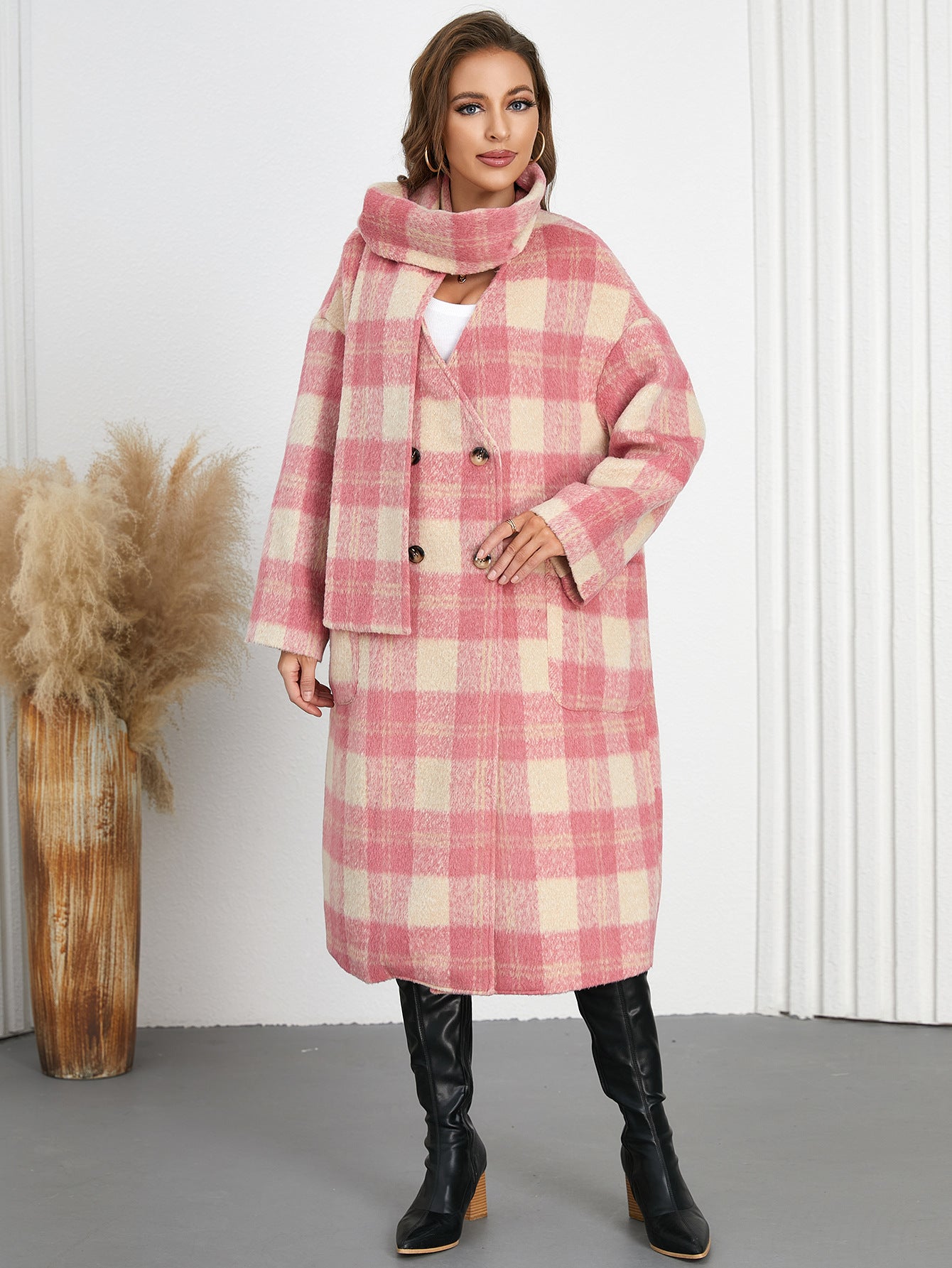 1540Winter Women id Length Plaid Woolen Coat Elegant Graceful Double Breasted V neck Scarf Coat Pink