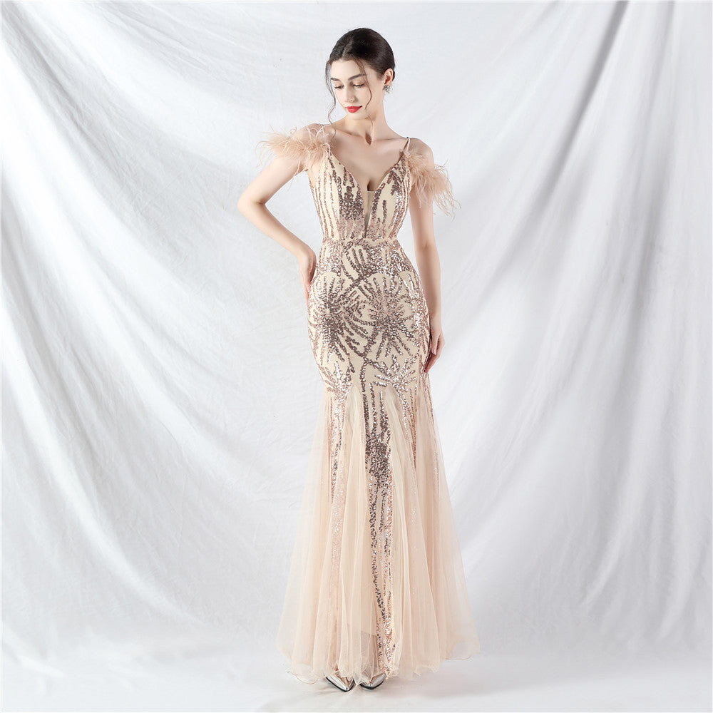 Color Craft Order Ostrich Feather Mesh Sequin Sexy Sling Dress Evening Dress