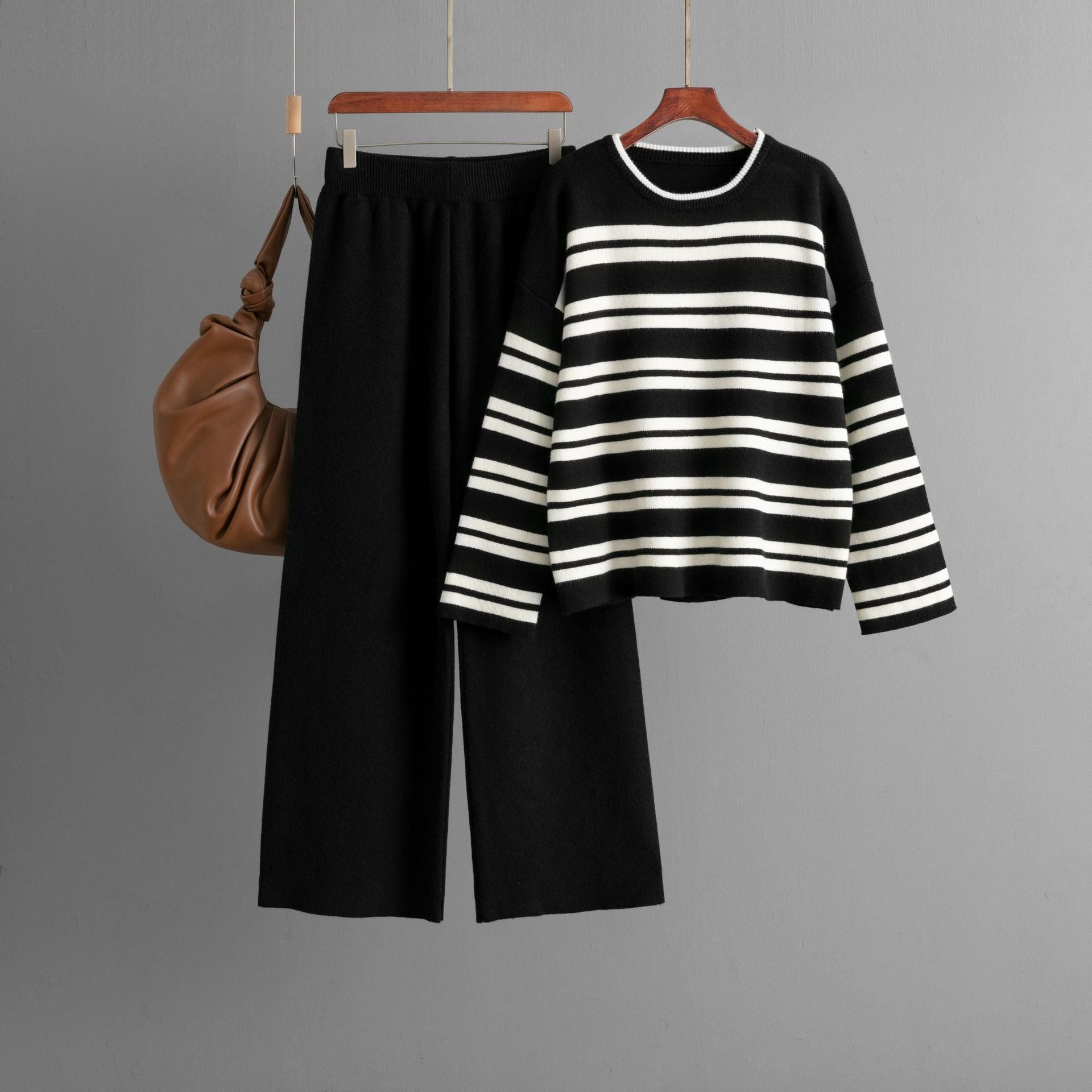 Striped Sweater Autumn Winter Loose Casual Wide Leg Pants Knitted Two Piece Pant Sets One Size Black