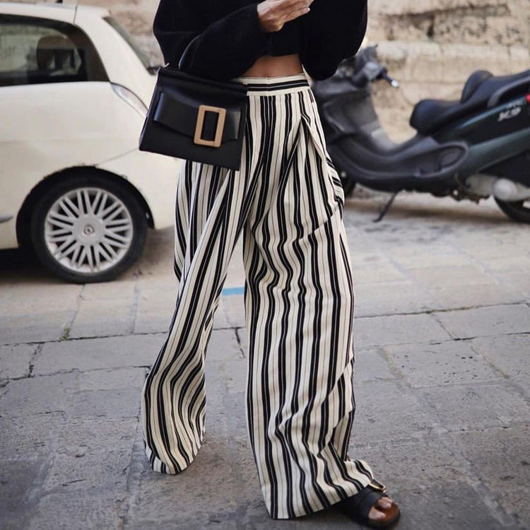 Women Clothing Black White Striped Wide Leg Pants Casual Slimming High Waist Loose Drooping Mop Trousers Women