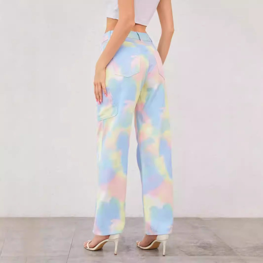 Summer Rainbow Tie Dyed Jeans Women Loose Straight Trousers Trend