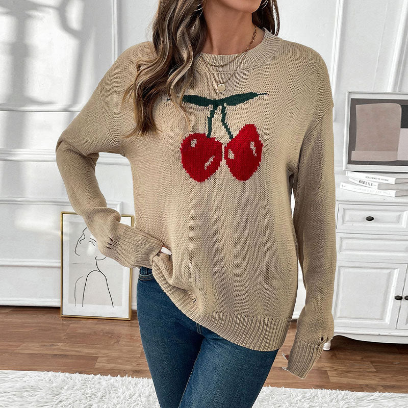 Autumn Winter round Neck Cherry Pullover Valentine Day Christmas Knitted Top Women Khaki