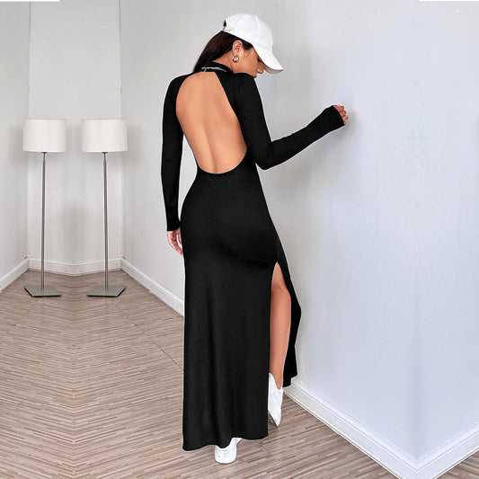 Women Clothing Simple Sexy Dress Autumn Winter Backless Design Slim Fit Slit Midi Dress