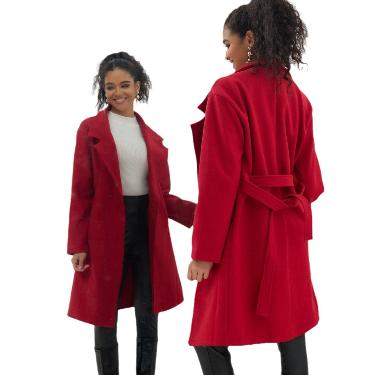 Autumn Winter Women Woolen Long Tie Slim Fit Woolen Coat Solid Color Simple Slim Coat Red