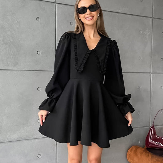 Autumn Winter Black Sexy Design Collared Bell Sleeve French Long Sleeve Dress All Matching Slim Fit Women