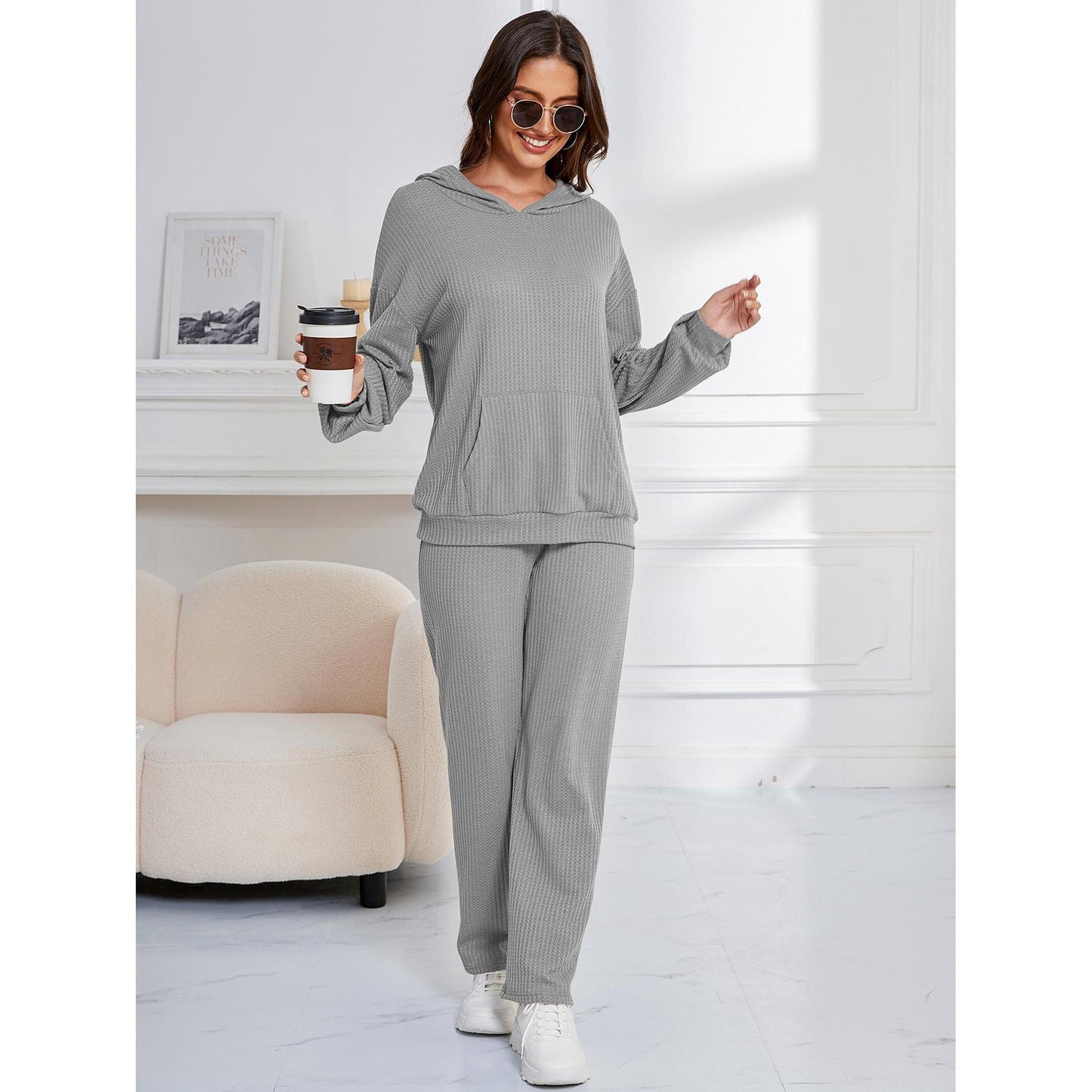 Hooded Casual Suit Women Pajamas Waffle Loose Long Sleeved Trousers Two Piece Home Wear Grey