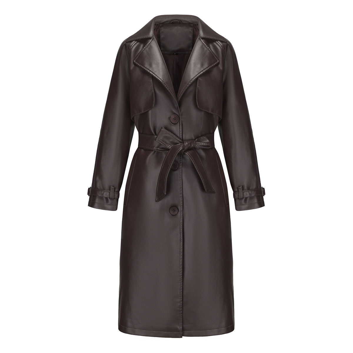 Spring Autumn Women Trench Coat Long Loose Jacket Faux Leather Coat Women Oversize Classic Turn down Collar Coat Containing Belt Coffee