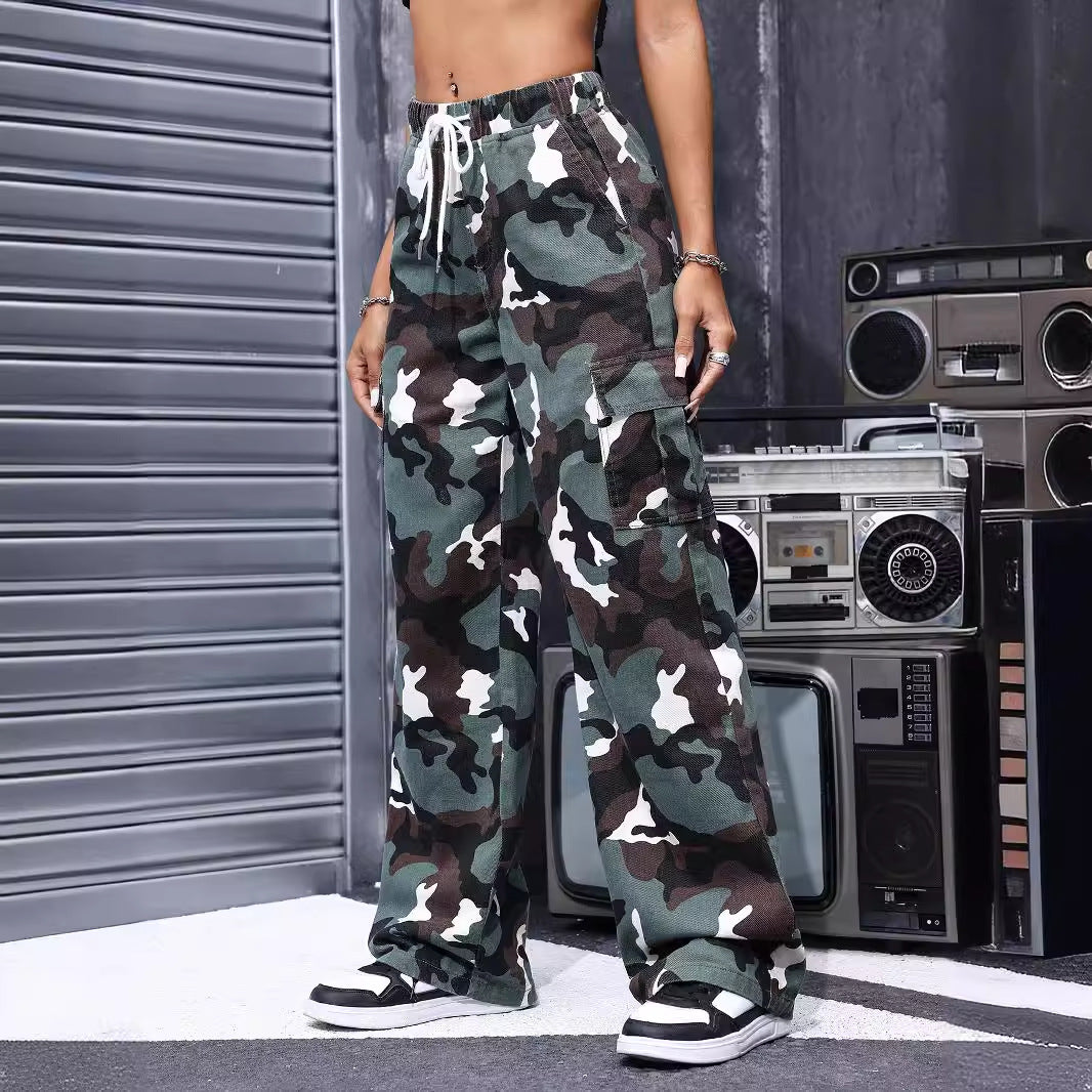 Straight Mop Casual Jeans Spring Summer Retro Camouflage Straight Drawstring Straight Leg Pants Women