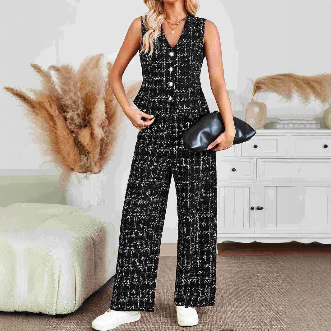 Professional Office Classic Knitted Plaid Vest Top plus Wide Leg Trousers Ladies Sets