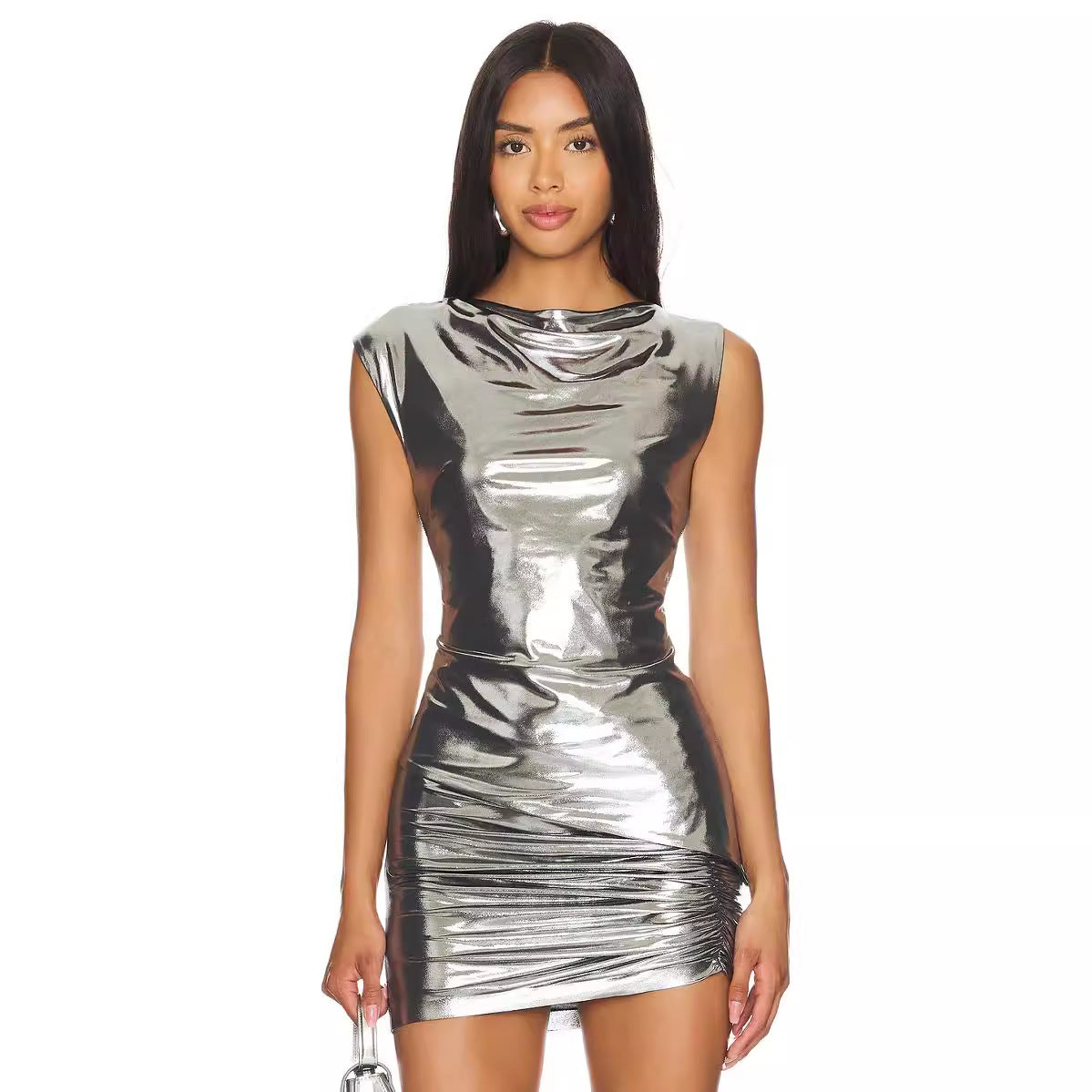 Sexy Shiny Silver Sleeveless Slim Hip Nightclub Party Two Piece Skirt Sets for Women