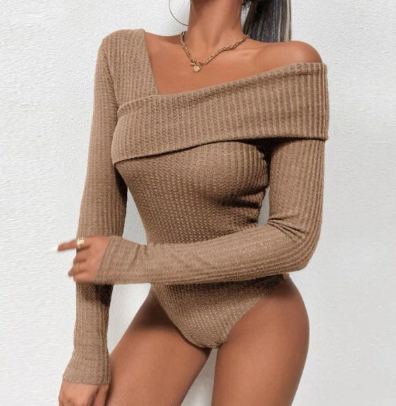 Casual One Piece Long Sleeves Solid Color Knitted off Shoulder Jumpsuit Spring Summer Women Clothing Khaki