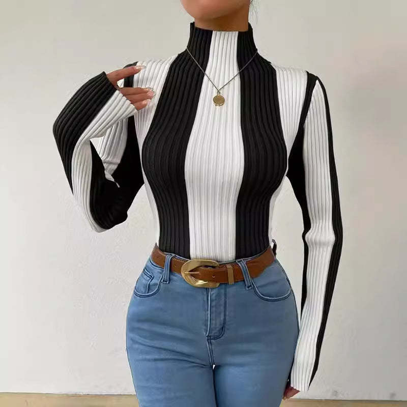 Women Spring Autumn Classic Black White Contrast Color Vertical Pattern Sweater Slim Fit Slim Bottoming Top