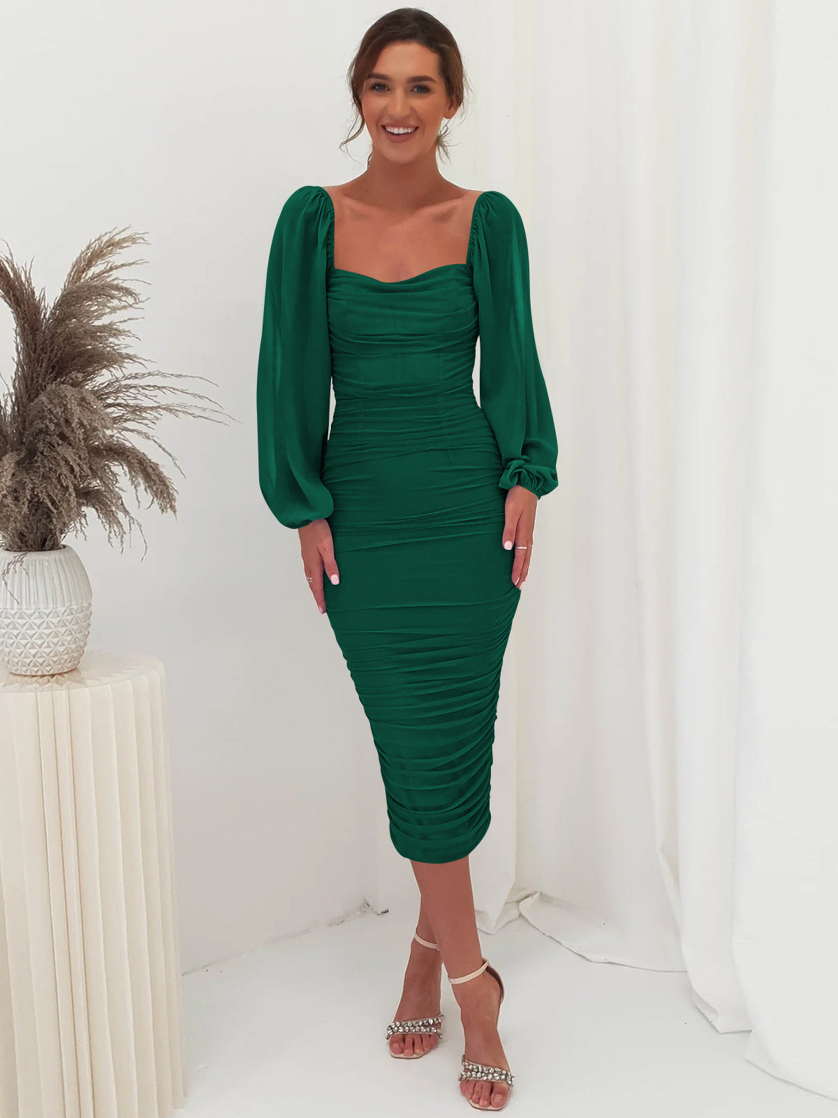 Lace Stitching Dress Toast Dress Square Collar Split Dress One Step Dress Light Dress Bridesmaid Dress Dark Green