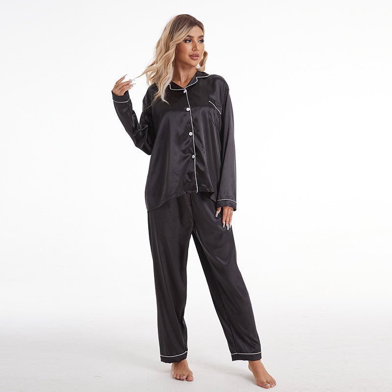 Home Wear Collared Ice Silk Pajamas Women Long Sleeved Trousers Two Piece Set Black