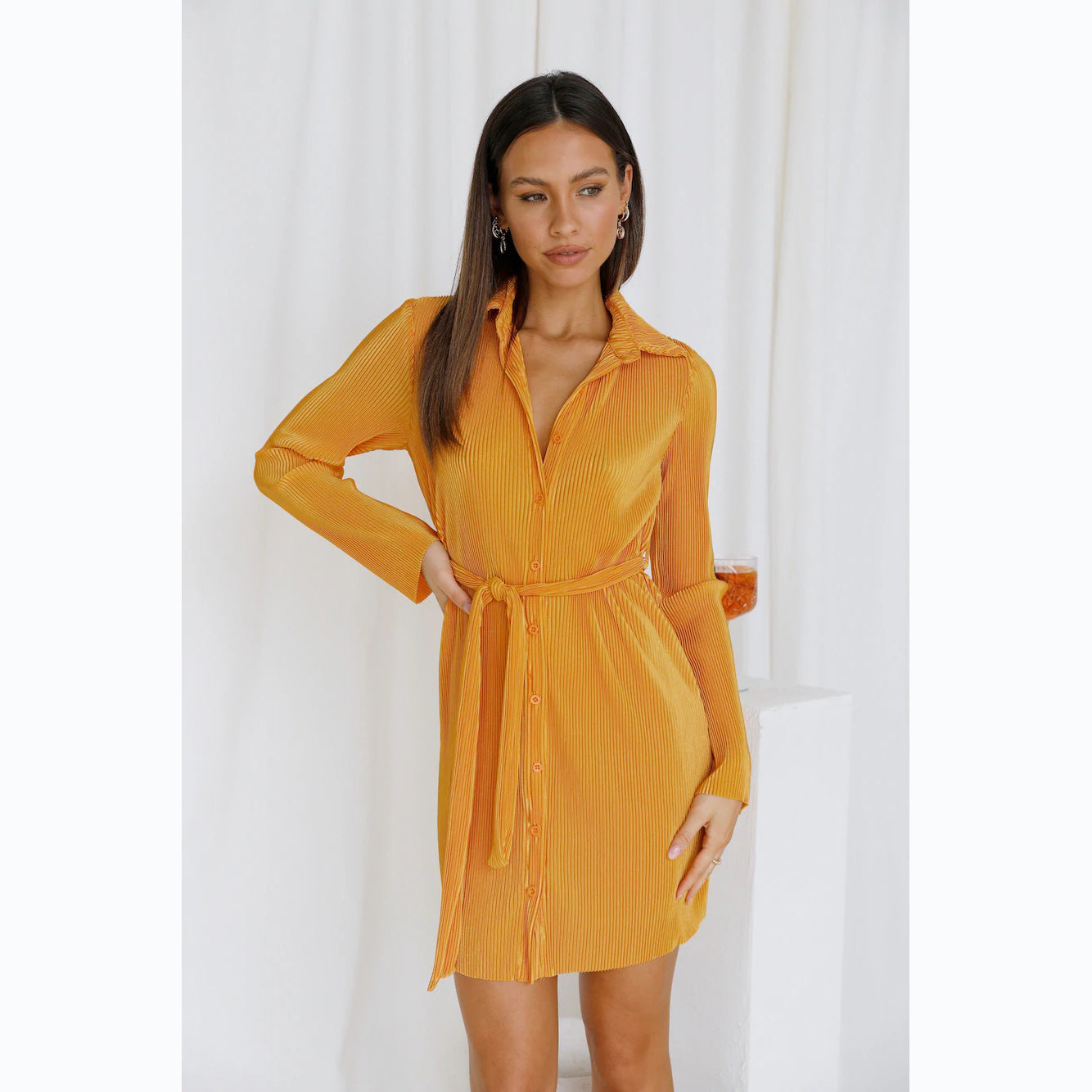 Spring Summer Solid Color Pleated Single Breasted Shirt Dress