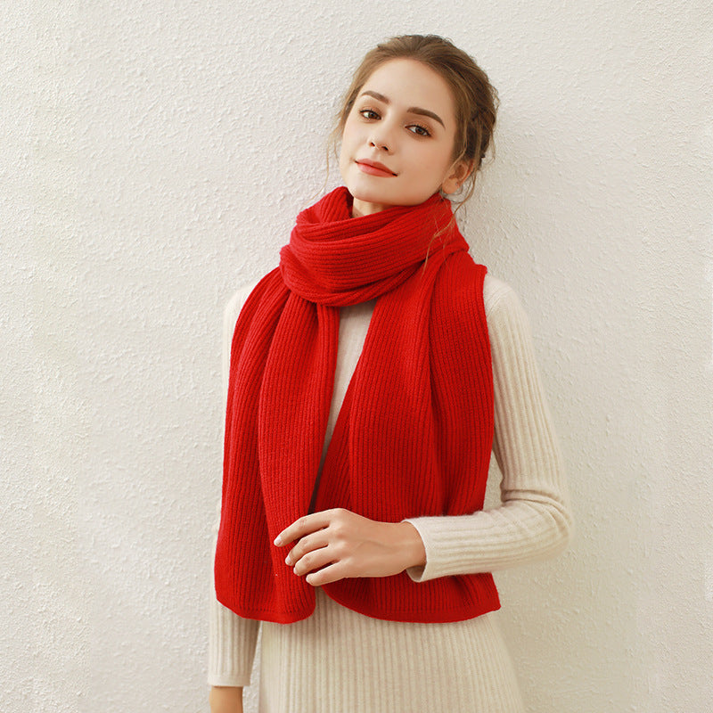 Solid Color Rib Knitted Scarf Women Autumn Winter Manufacturers Red Annual Meeting Scarf One Size Red