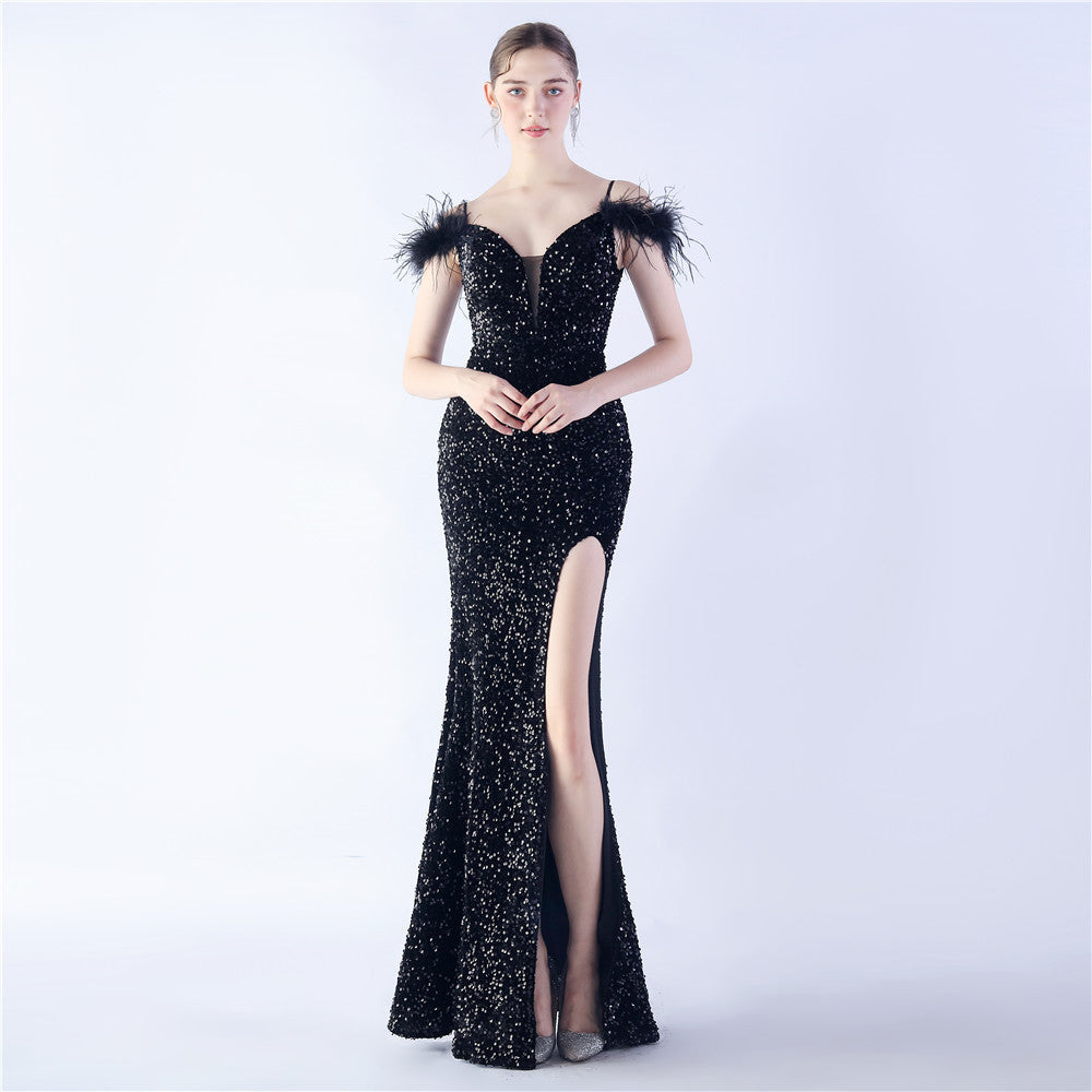 Craft Order Ostrich Feather High Density Sequined Long Evening Dress Pure Black