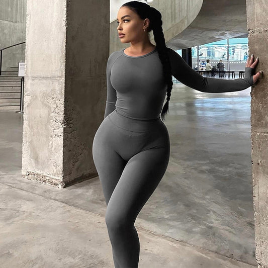 Women Clothing Summer Long Sleeve Top Slim Fit High Elastic Sports Yoga Pants Suit