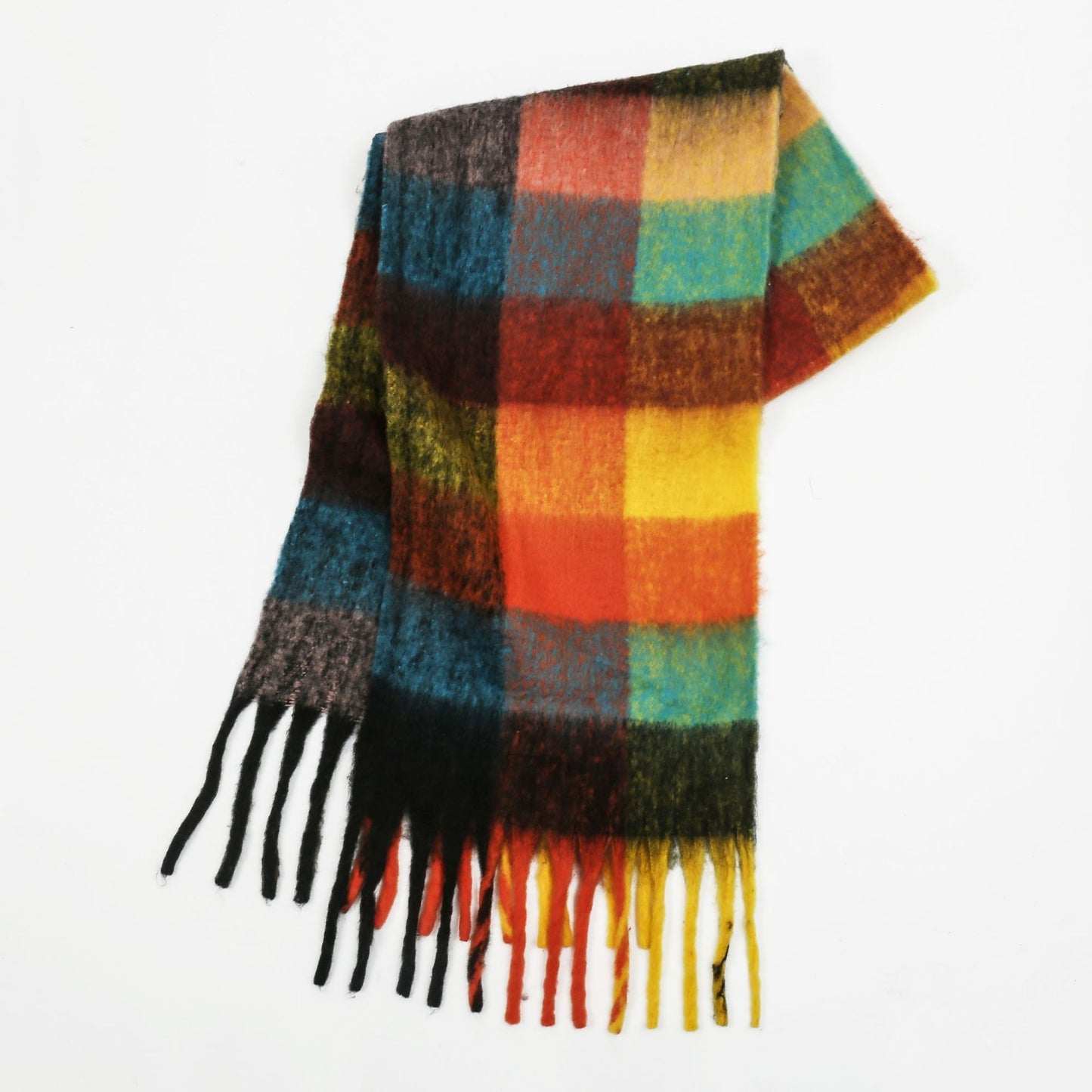 Women Color Matching Mohair Scarf Autumn Winter Warm Thickening Lattice Tassel One Size Orange Green Plaid