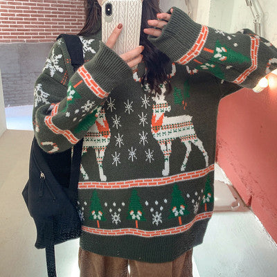 Christmas Sweater Autumn Winter Sweet Loose round Neck Pullover Long Sleeved Thickened Knitwear Sweater Women One Size Green