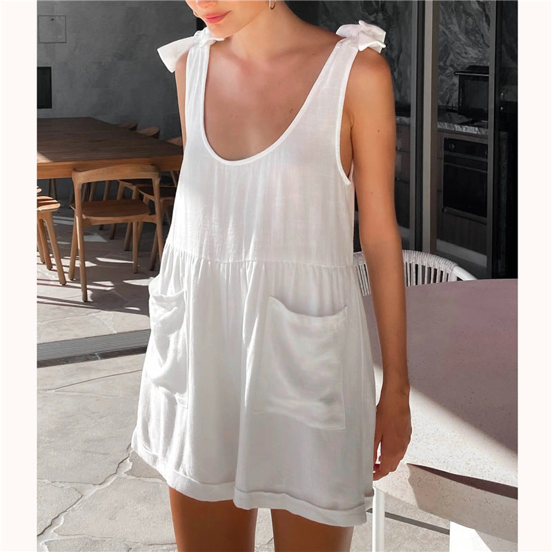 Summer Women Clothing Solid Color Sleeveless Casual Women Jumpsuit White