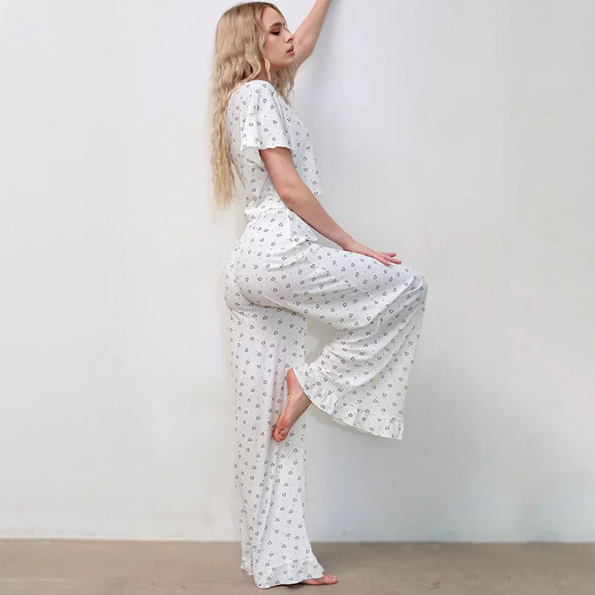 Summer Heart Printing Round Neck Short Sleeve Trousers Shorts Pajamas Three Piece Set Women Loose Comfortable Homewear