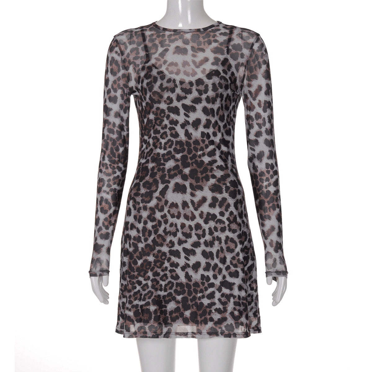 Women Autumn Personality Leopard Print Printed Mesh See through Dress Leopard