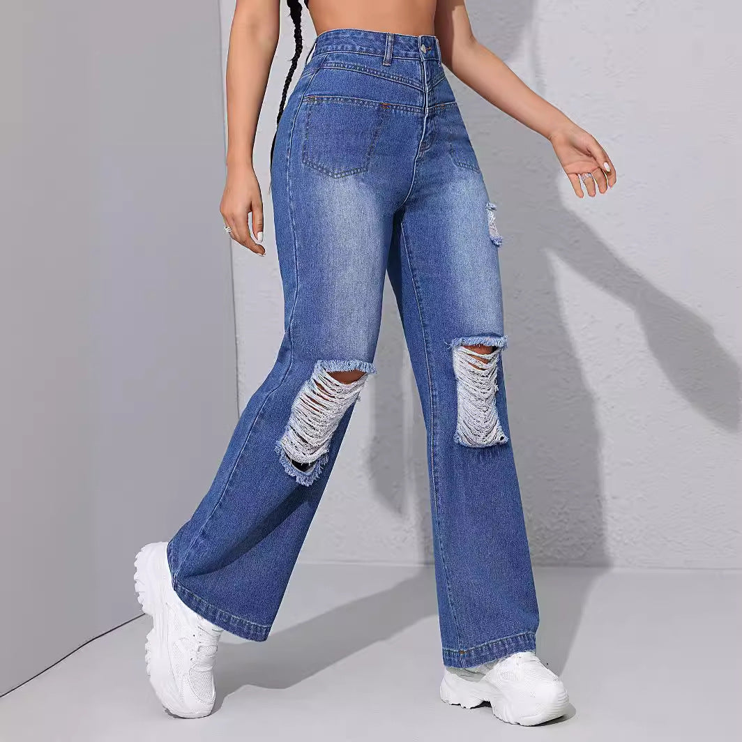 Ripped Jeans for Women Spring Summer High Waist Slimming Straight Front Bag Drape Small Straight Leg Pants