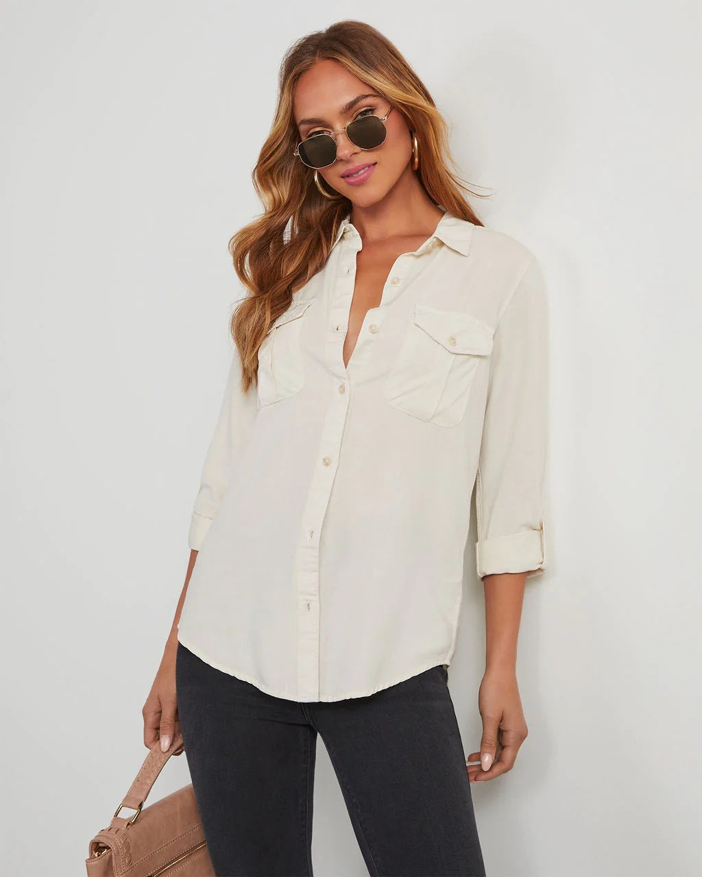 Denim Shirt Autumn Casual Collared Single Breasted Women Long Sleeve Denim Ivory