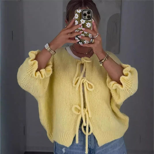 Round Neck Wrist Length Sleeve Drawstring Lace Knitted Sweater Lazy Coat