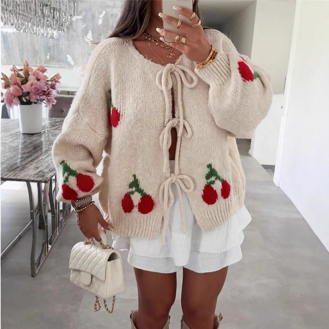 Autumn Winter Knitting Cardigan Loose Casual Sweater Strawberry Cherry Tie Front Top