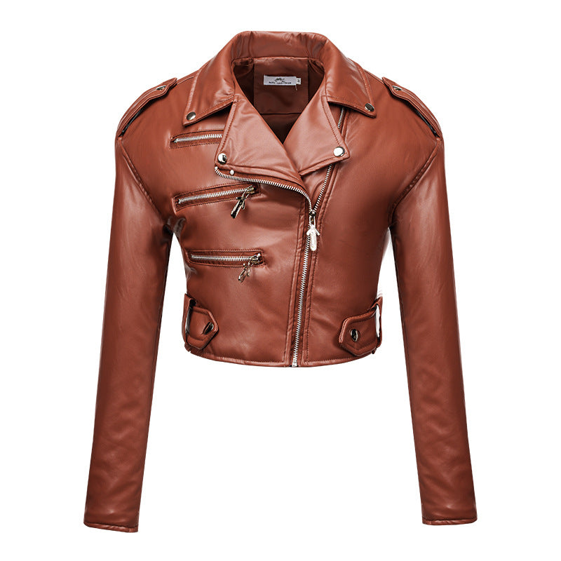 Women Leather Jacket Slim Fit Short Cotton High Waist Long Sleeve Collared Oblique Zipper Leather Jacket Faux Leather Women Motorcycle Clothing Coffee