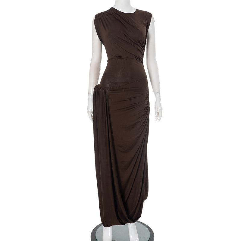 Women Clothing Solid Color round Neck Sleeveless Waist Tight Pleated Backless Elegant Dress Brown