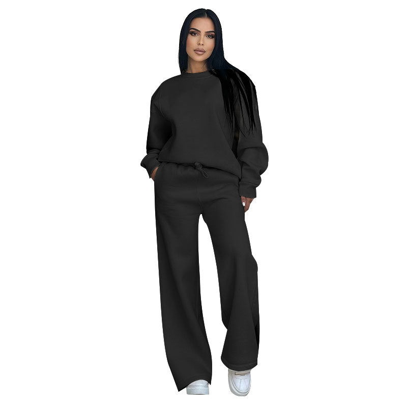 Autumn Winter Solid Color Round Neck Long Sleeve Loose Women Wear Casual Wide Leg Pants Suit Black