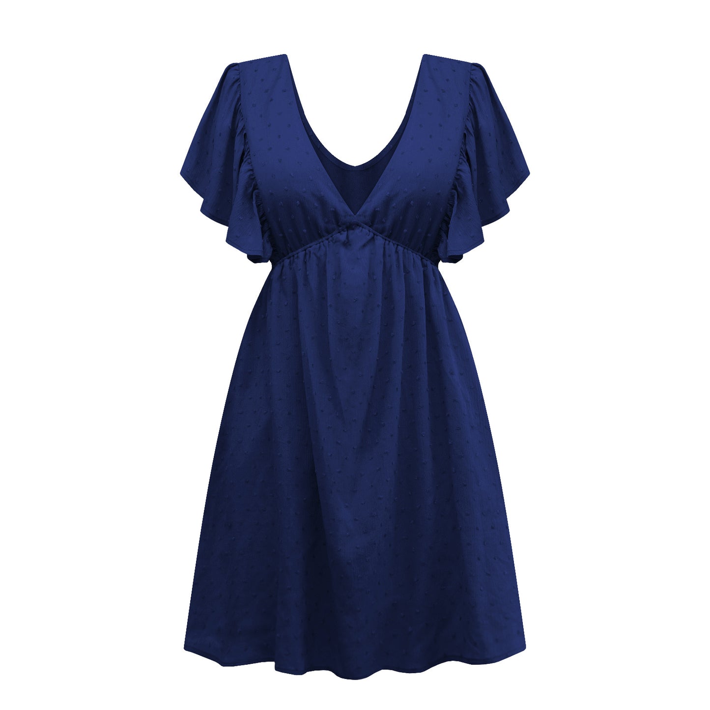 Summer Women Clothing Lotus Leaf Sleeve V-neck Backless T-shirt Dress Loose Casual Dress New Dark Blue