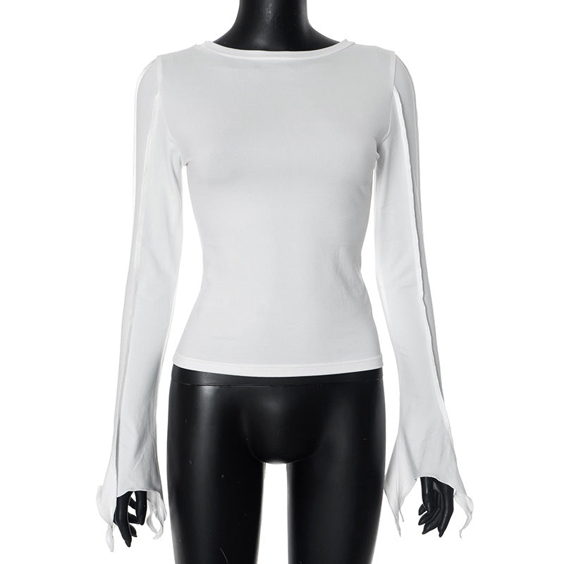 Round Neck Solid Color Slim Fit Slimming Irregular Asymmetric Long Sleeve T shirt Bottoming Shirt White