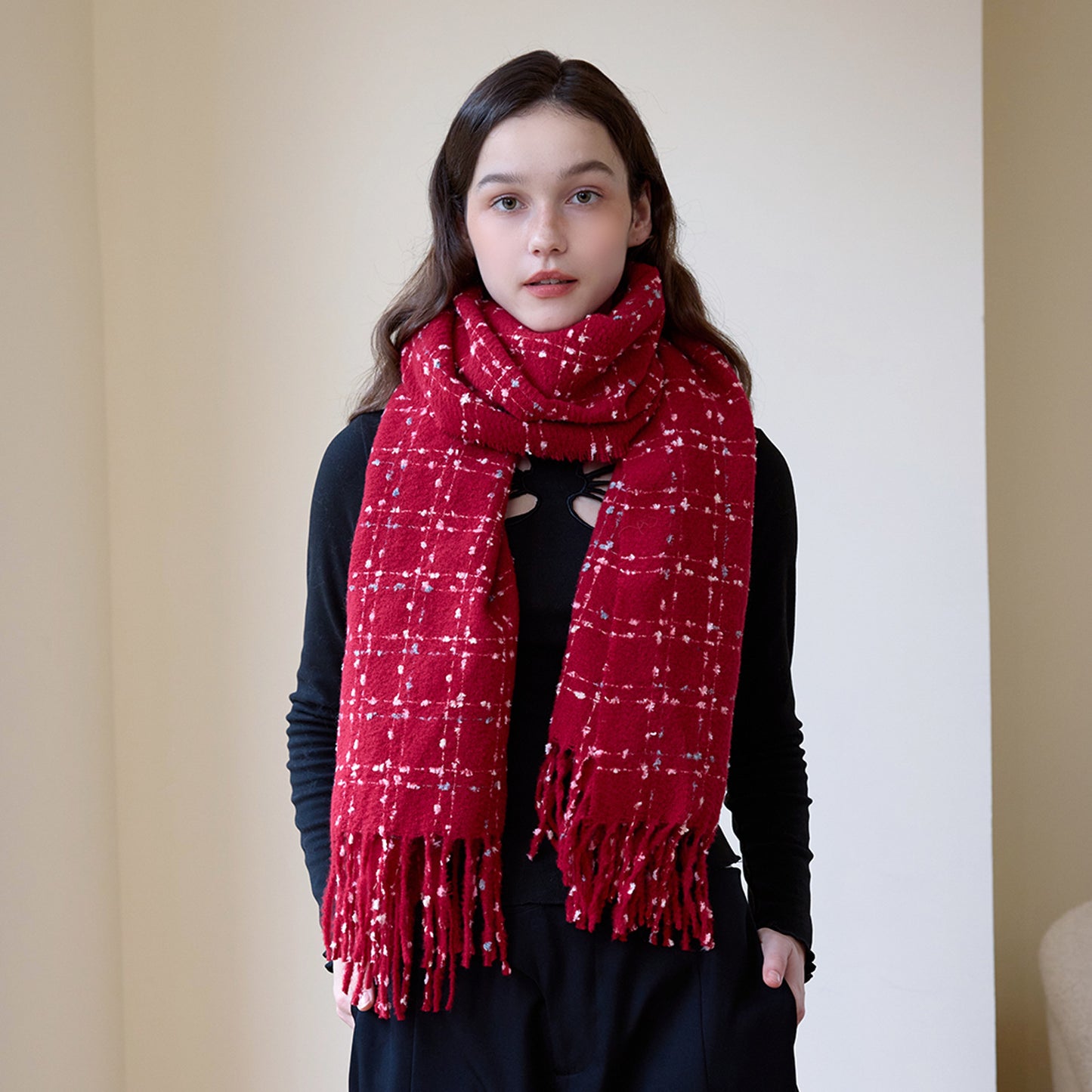 Plaid Scarf Women Winter High Grade Tassel Shawl Warm Scarf One Size Red