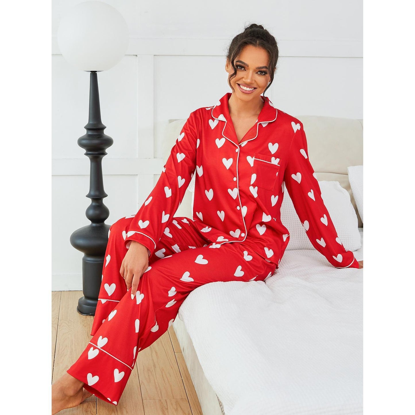 Women Pajamas Autumn Winter Heart Printing Long Sleeved Shirt Trousers Two Piece Home Wear Red