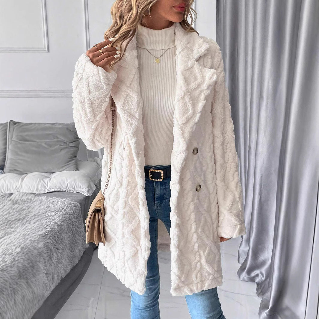 Fall Winter Double Sided Plush Mid Length Double Breasted Casual Coat for Women