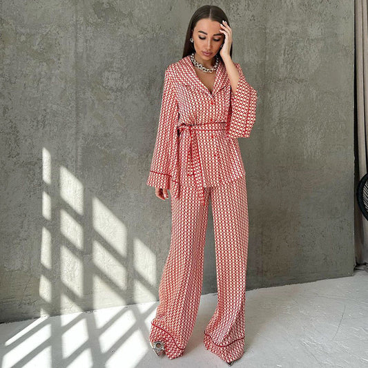 Autumn Artificial Silk Printed Long Sleeved Trousers Pajamas Loose Casual Comfortable Ladies Homewear