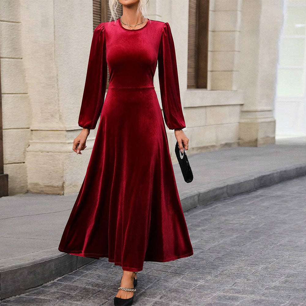 Women Clothing Velvet Dress Autumn Winter High Grade Backless Maxi Dress Red