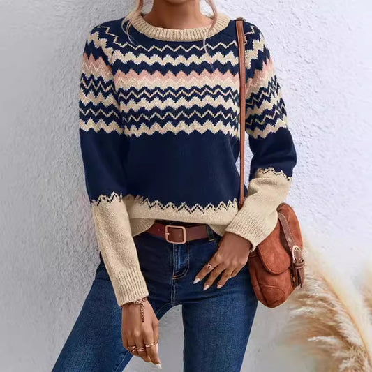 Women Clothing Sweater round Neck Knitted Top Classic Striped Color Block Knitwear