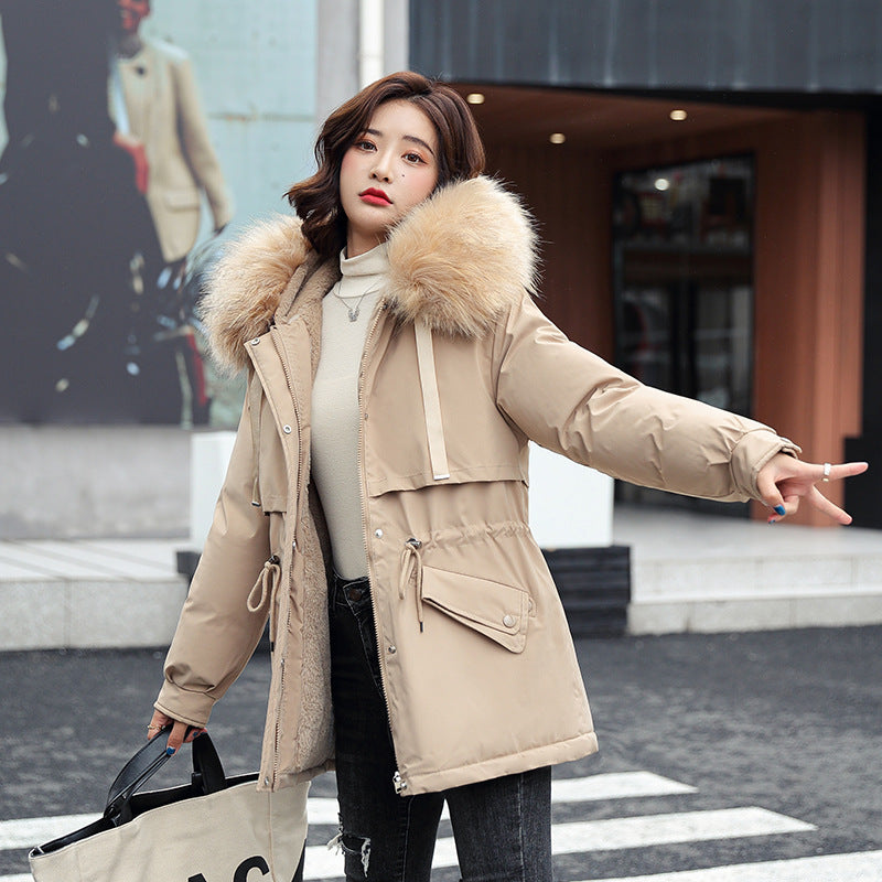 Big Fur Collar Waist Tight Cotton Padded Clothes Women Mid Length Small Winter Slimming Student Cotton Coat Small Cotton Padded Jacket Khaki