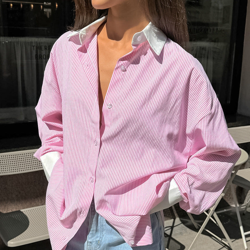 High-Grade Contrast Color Striped All Matching Loose Women Casual Shirt Autumn Winter Street Long Sleeve Top Stripe